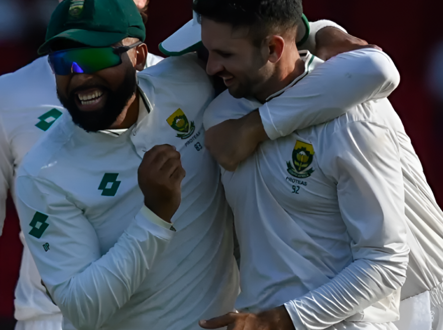 Kagiso Rabada and Keshav Maharaj in action during South Africa’s win against the West Indies.