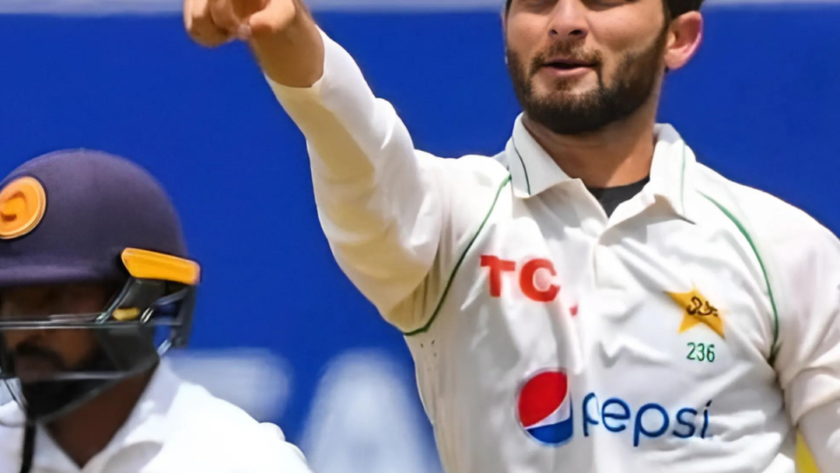 Shaheen Afridi bowling in a Test match, focused on his delivery.