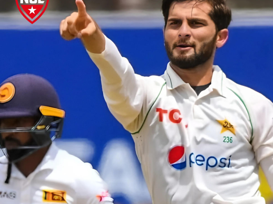 Shaheen Afridi bowling in a Test match, focused on his delivery.