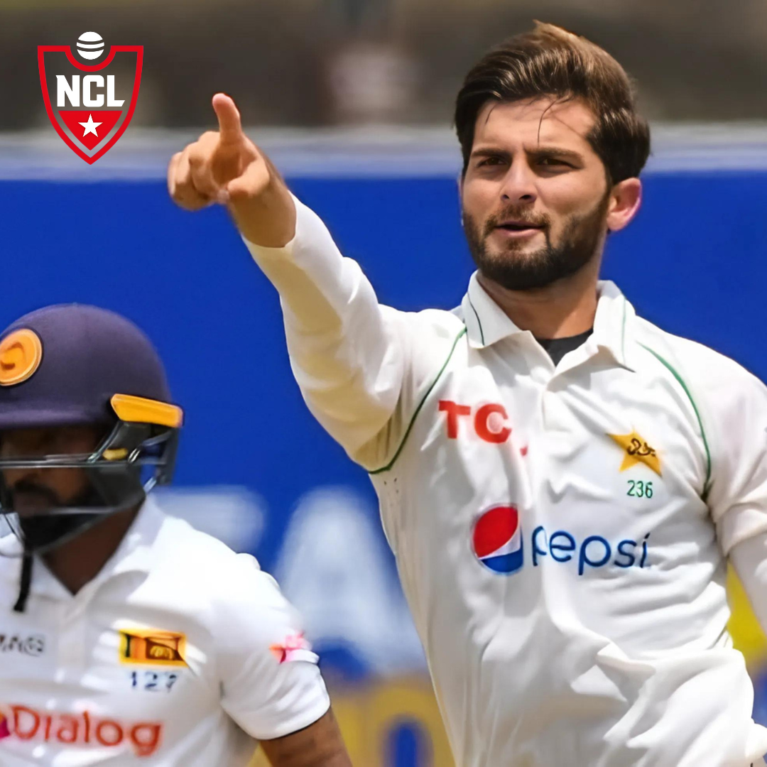 Shaheen Afridi bowling in a Test match, focused on his delivery.