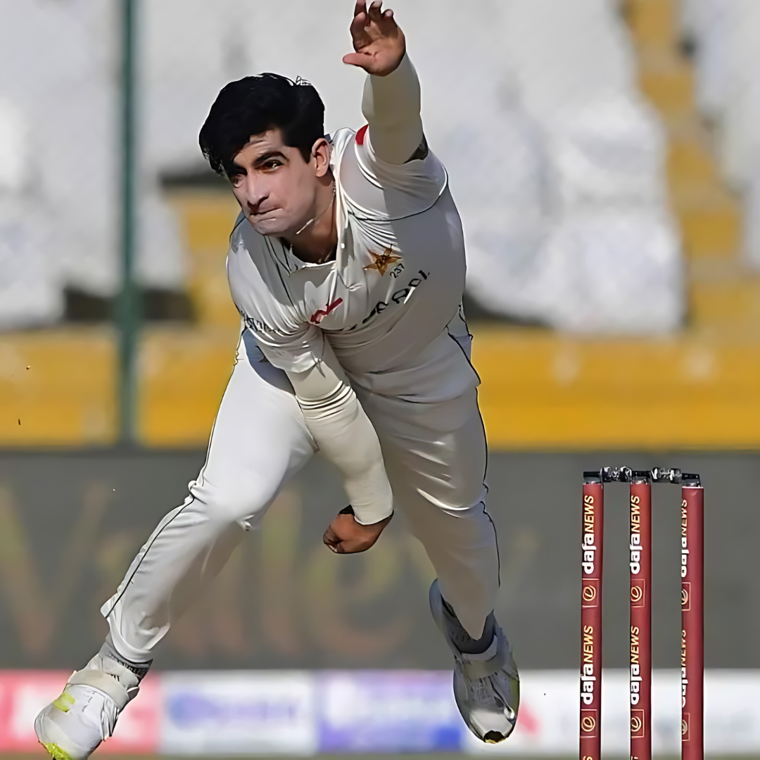 Naseem shah bowling,Saud shakeel fielding.