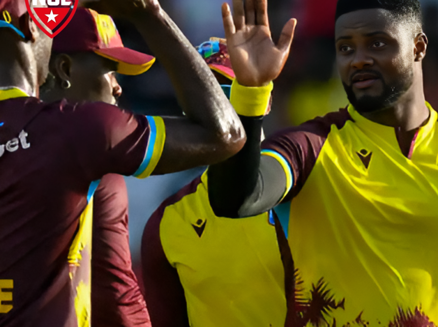 Romario Shepherd and Shamar Joseph celebrating after sealing West Indies' victory against South Africa.