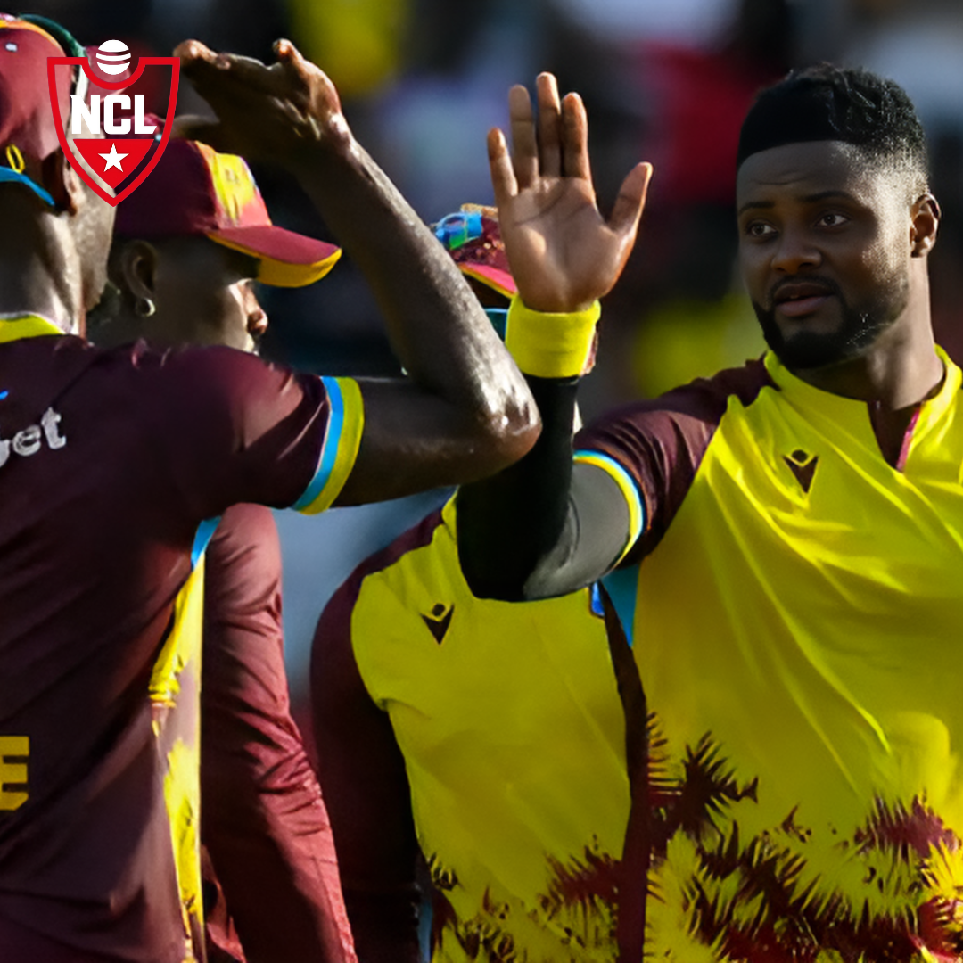 Romario Shepherd and Shamar Joseph celebrating after sealing West Indies' victory against South Africa.