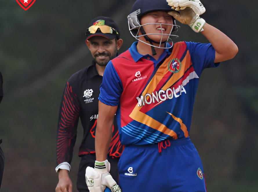 Harsha Bharadwaj celebrating after his six-wicket haul for Singapore.