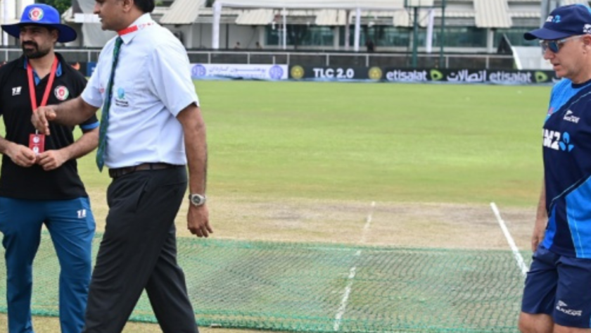 Rain-soaked covers on the pitch during Afghanistan-New Zealand Test match.