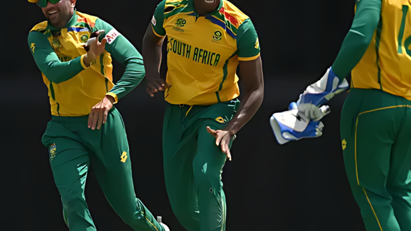 South African cricketers gather on the field during a match.