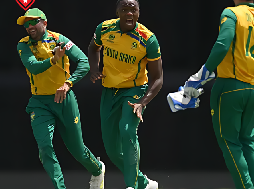 South African cricketers gather on the field during a match.