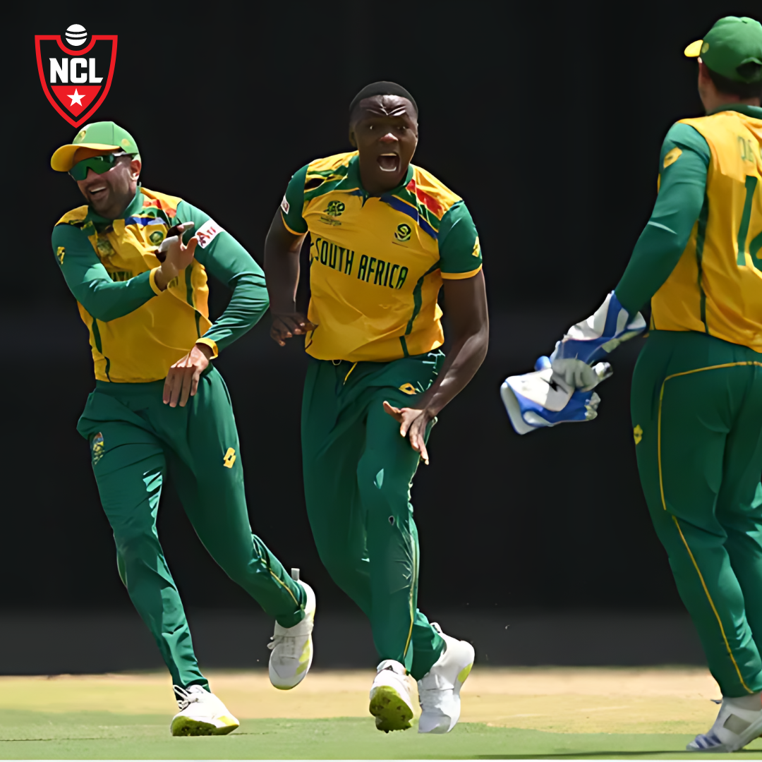 South African cricketers gather on the field during a match.