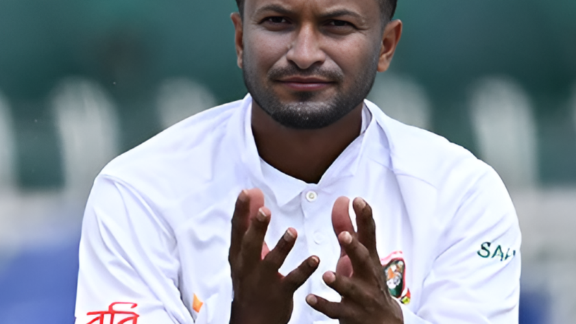 Shakib Al Hasan preparing for a delivery during a cricket match.