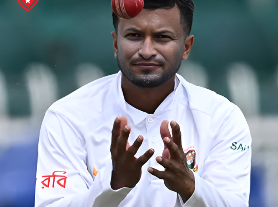 Shakib Al Hasan preparing for a delivery during a cricket match.